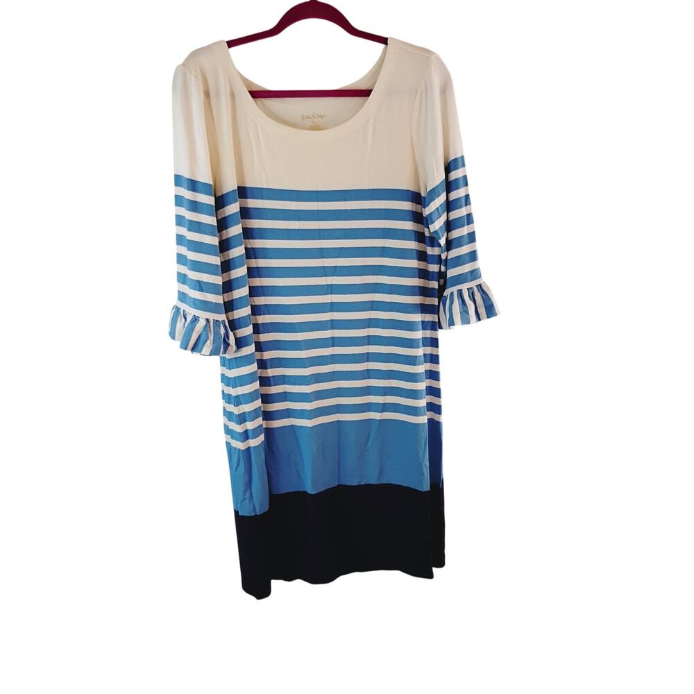 Lily Pulitzer color block blue white striped ruffled 3/4 sleeve short dress XL
